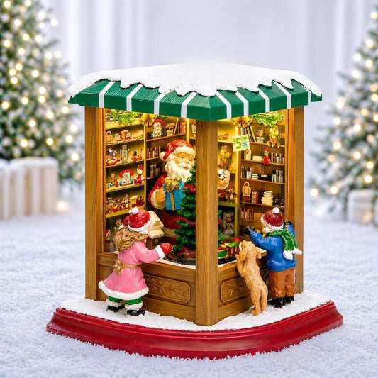 Moments In Time Lighted Santa’s Christmas Village Shop - LED Lights, Music & Animation - 8.8” Holiday Decoration