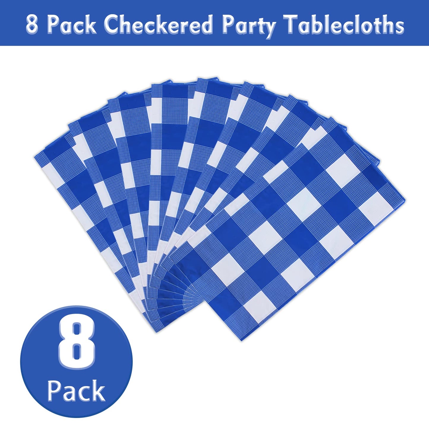 Kesfey 8 Packs Bule and White Checkered Tablecovers 54 x 108 Inches Disposable Party Picnic Table Cloth SpillProof Plastic Gingham Tablecovers for Camping Decoration Party Favors