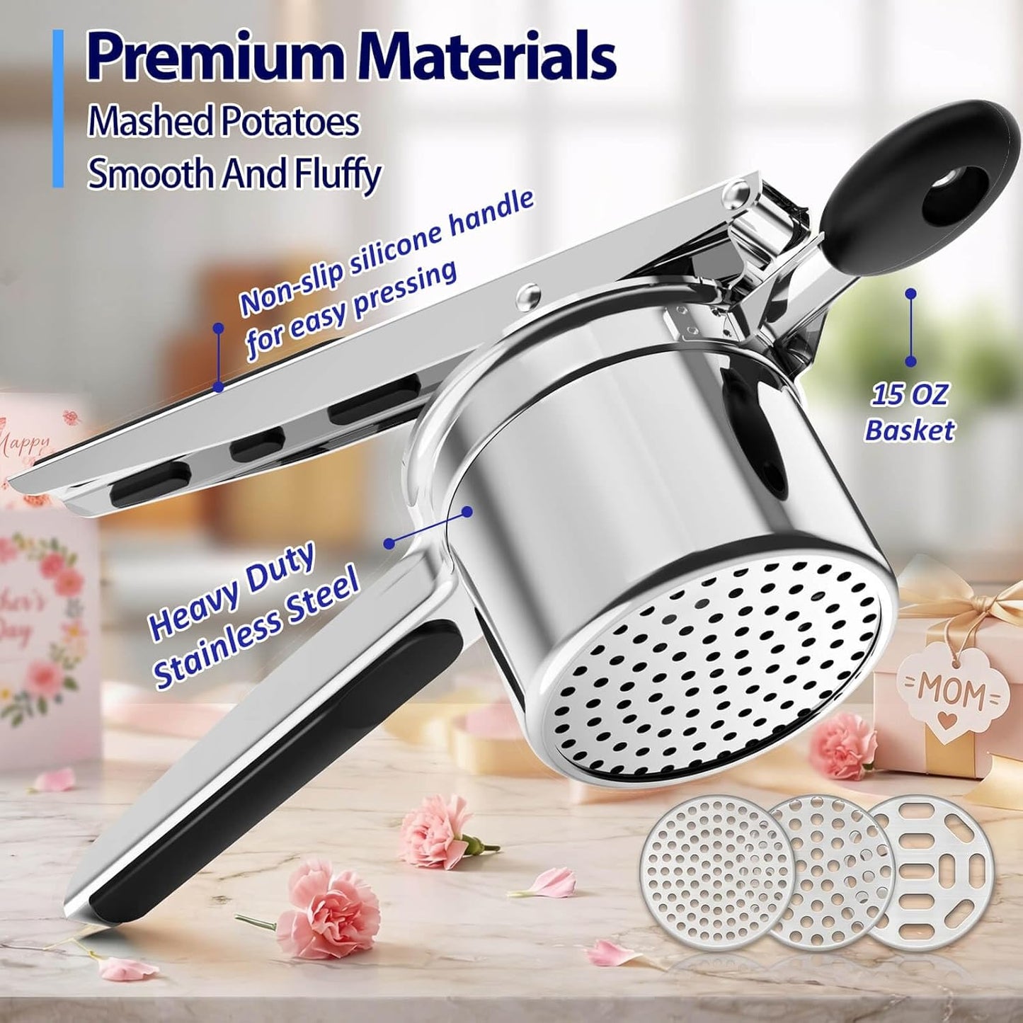 Skiennix Potato Ricer - Heavy Duty Stainless Steel Masher with 3 Interchangeable Discs for Fluffy Mashed Potatoes | Ideal for Gnocchi & Spaetzle