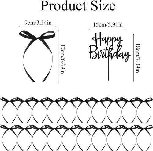 Big Happy Birthday | 20 Pcs Vintage Ribbon Bow Cupcake Toppers for Weddings & Parties - Black