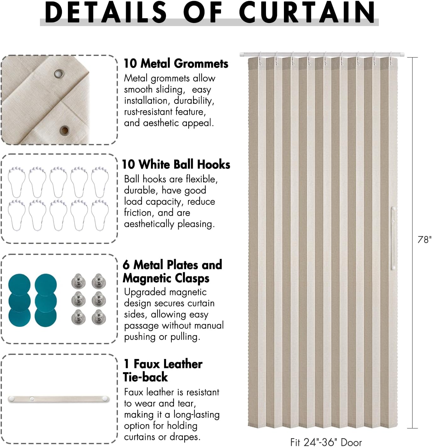 MIULEE Accordion Style Magnetic Folding Door Curtains - Cream Pleated Drapes for Room Dividers | 39" x 78" Panel
