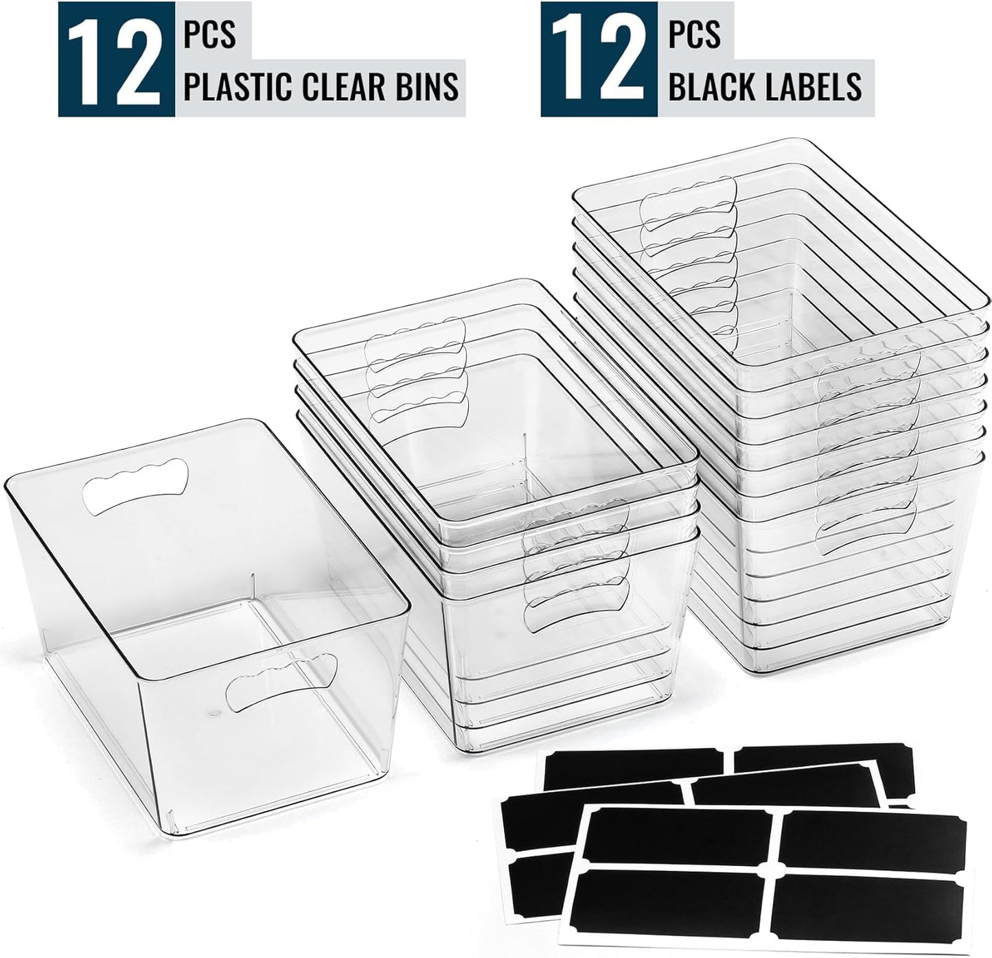 Clear Storage Bins - 12 Pack Large Plastic Organizers with Handles & Labels for Home, Kitchen, Bathroom