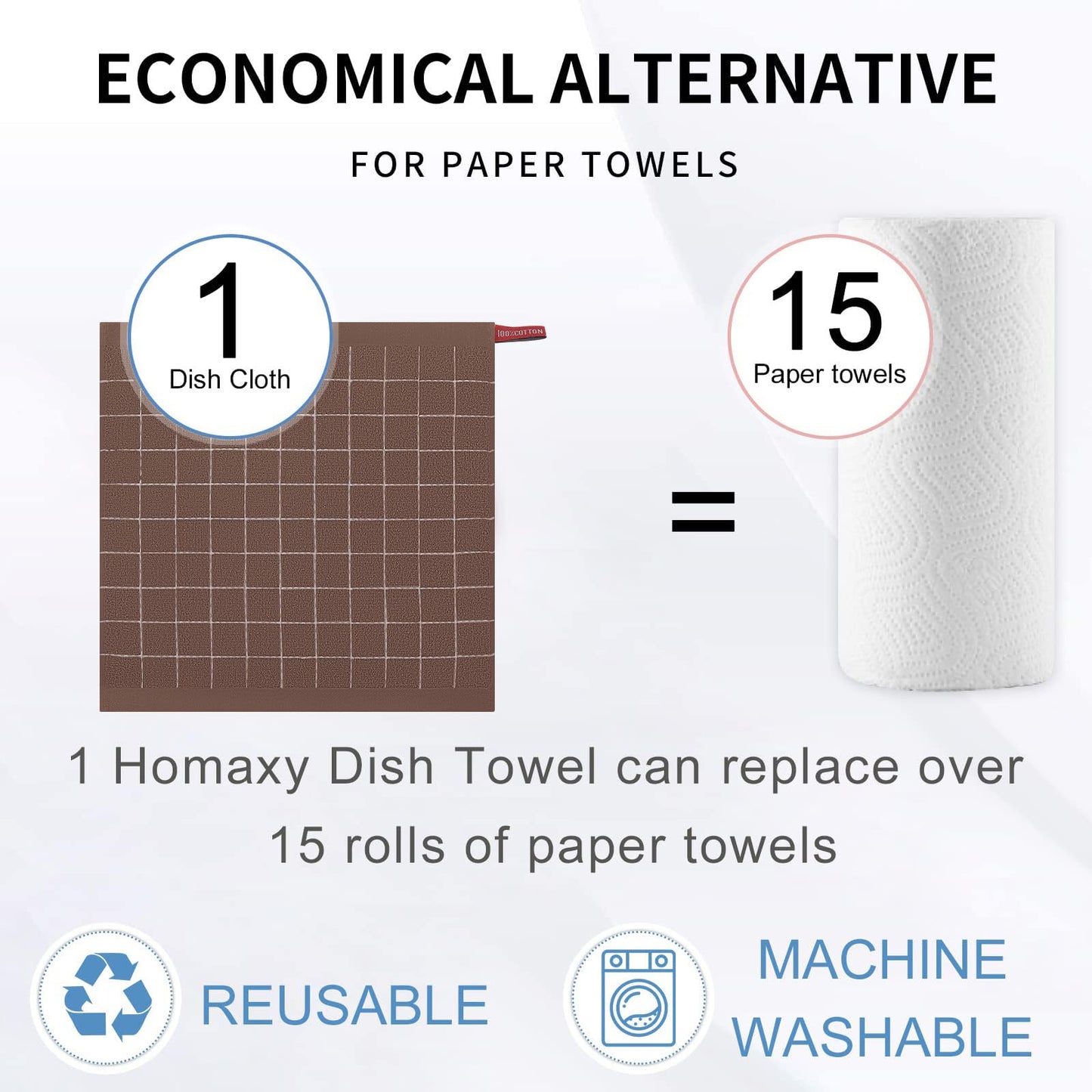 Homaxy 100% Cotton Terry Kitchen Dish Cloths, Ultra Soft and Absorbent Dish Towels for Kitchen, Suitable for Drying and Washing Dishes, 6 Pack, 12 x 12 Inches, Brown