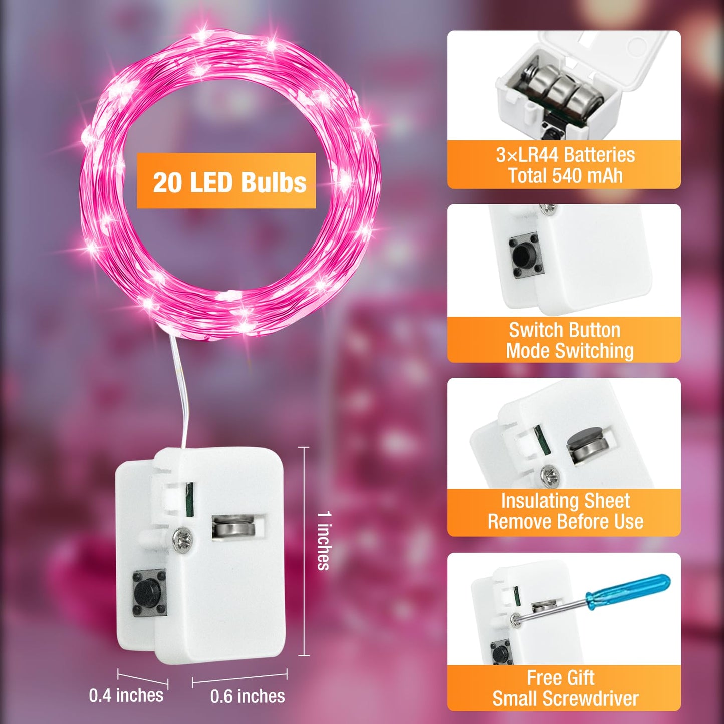 6 Pack Fairy Lights Battery Operated - 7ft 20 Led Twinkle Lights 3 Modes, Bulk Mini String Light Waterproof for Mason Jars Vases DIY Party Wedding Decoration Mothers Day- Pink