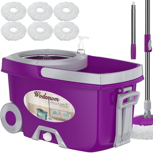 Dual Compartment Spin Mop and Bucket, Mop and Bucket with Wringer Set,360°Rotating Spinning Mopping for Floor Cleaning with 6 Microfiber Replacement Heads, 61" Extended Handle, 2X Wheel