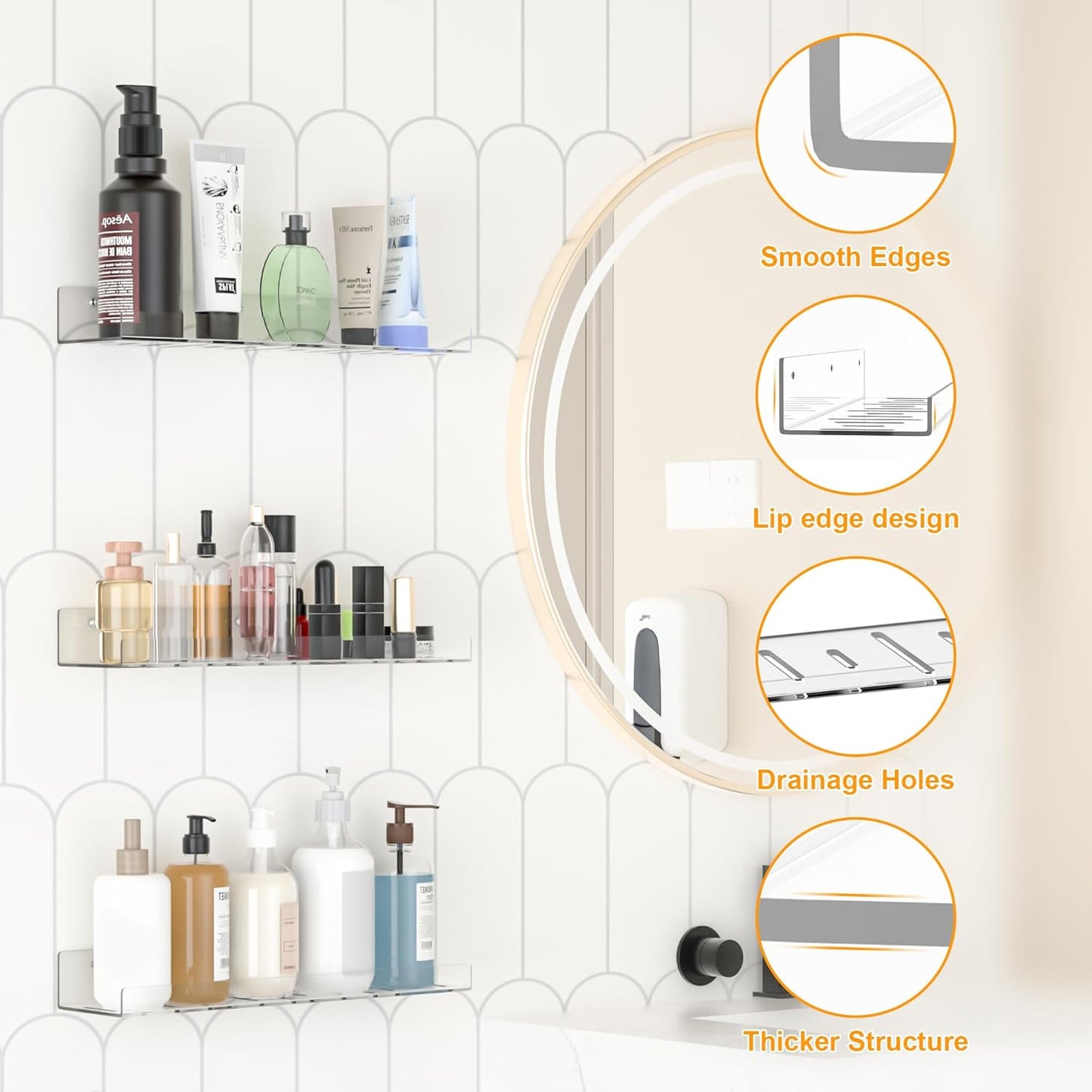 LAZYROSY Floating Shelves - Clear Acrylic Wall-Mounted No Drill Storage | 4 Pack for Bathroom, Kitchen & Living Room