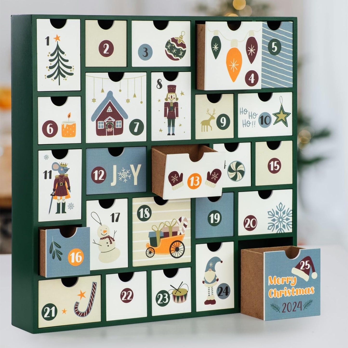 GUOER 2025 Wooden Advent Calendar, 13 Inch Christmas Advent Calendar with 25 Large Drawers, Christmas Countdown Calendar, Premium Wood Hand Painted Refillable Advent Cute Holiday Decoration (Green)