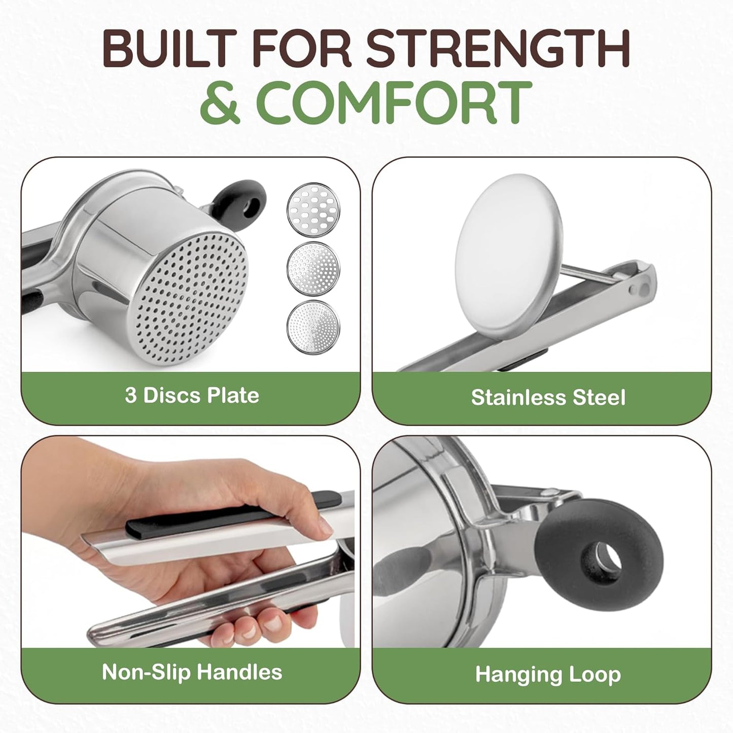 Skiennix 15oz Potato Ricer - Heavy Duty Stainless Steel Masher with 3 Discs | Non-Slip Baby Food Squeezer