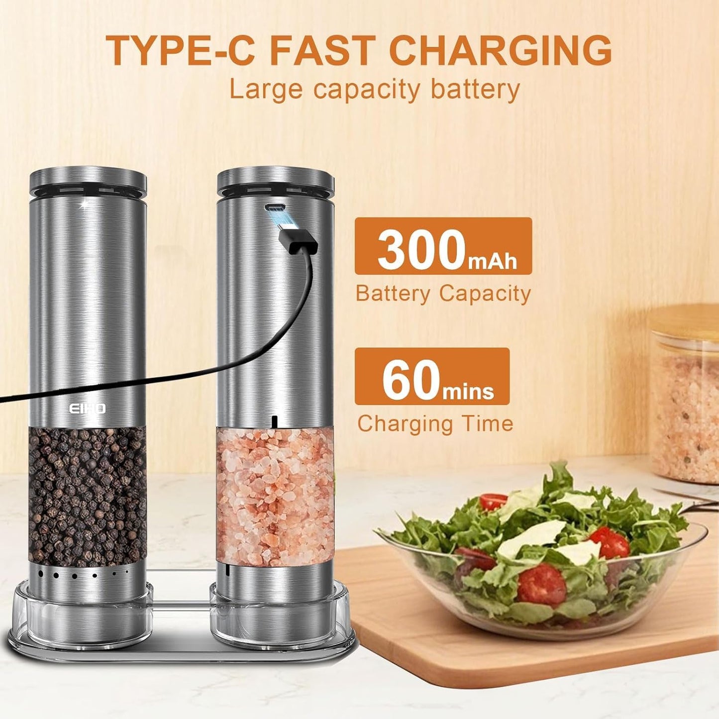 Skiennix Electric Salt and Pepper Grinder Set - Rechargeable Automatic Mills with Adjustable Coarseness | Perfect Kitchen Gadgets for Holiday Gifts
