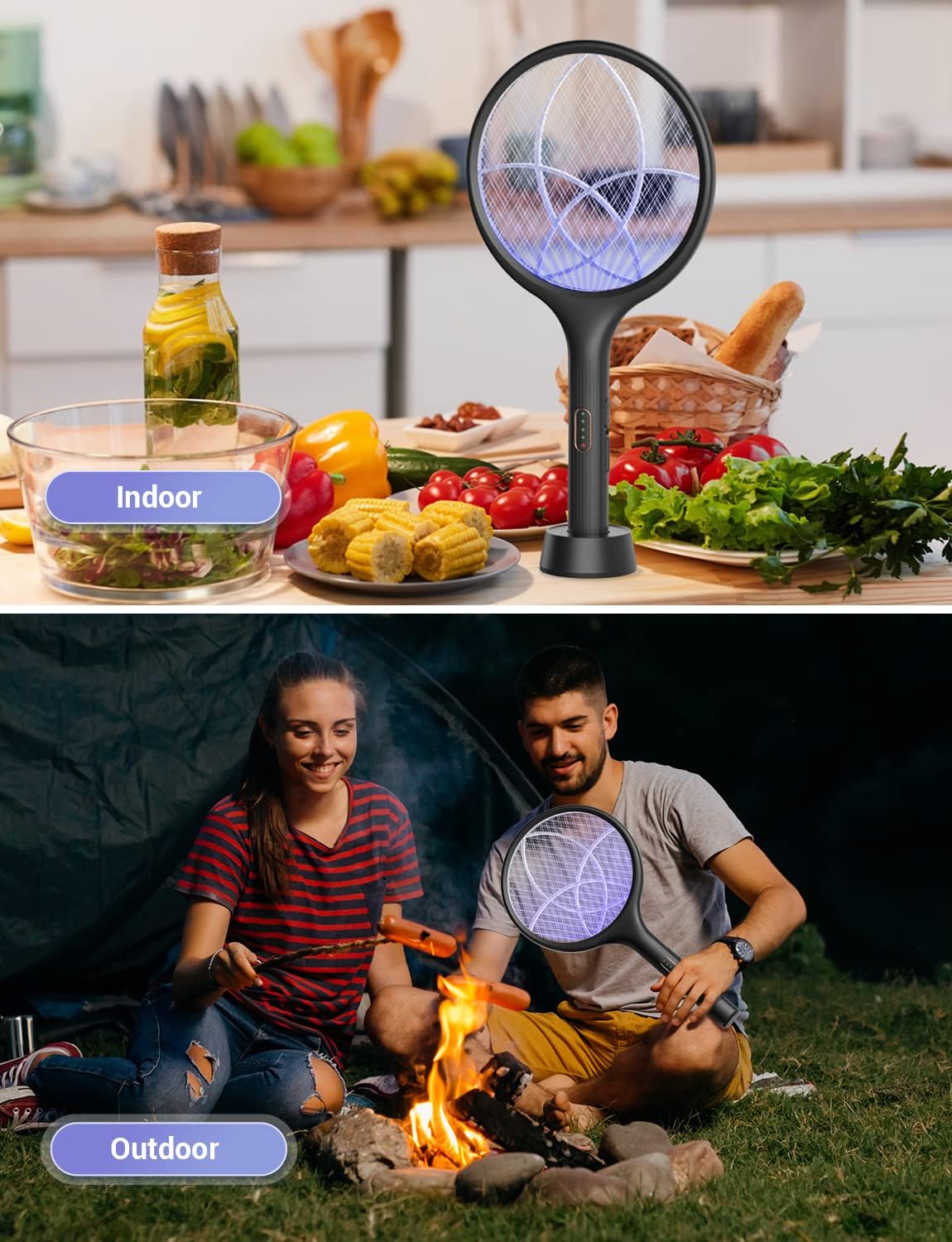 YISSVIC Electric Fly Swatter - 4000V Bug Zapper Racket with Dual Modes & Rechargeable Purple Light | Black, 1 Pack