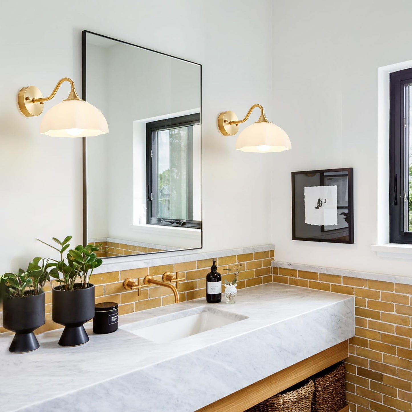 Gold Wall Sconce 1-Light Modern Wall Lighting Fixture Farmhouse Vanity Sconces Lights with Milk White Glass Shade Indoor Wall Sconce Lamp Wall Mount Light Fixture for Bedroom MWL02-1A
