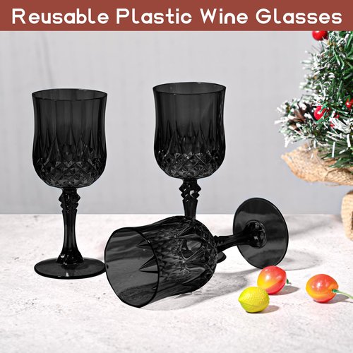 24 Pcs Black Plastic Wine Glasses, Plastic Goblets for Parties, Vintage Wine Glasses Bulk, Reusable Drinking Glass, Drinkware Cups for Wedding Party Reception Event Supplies