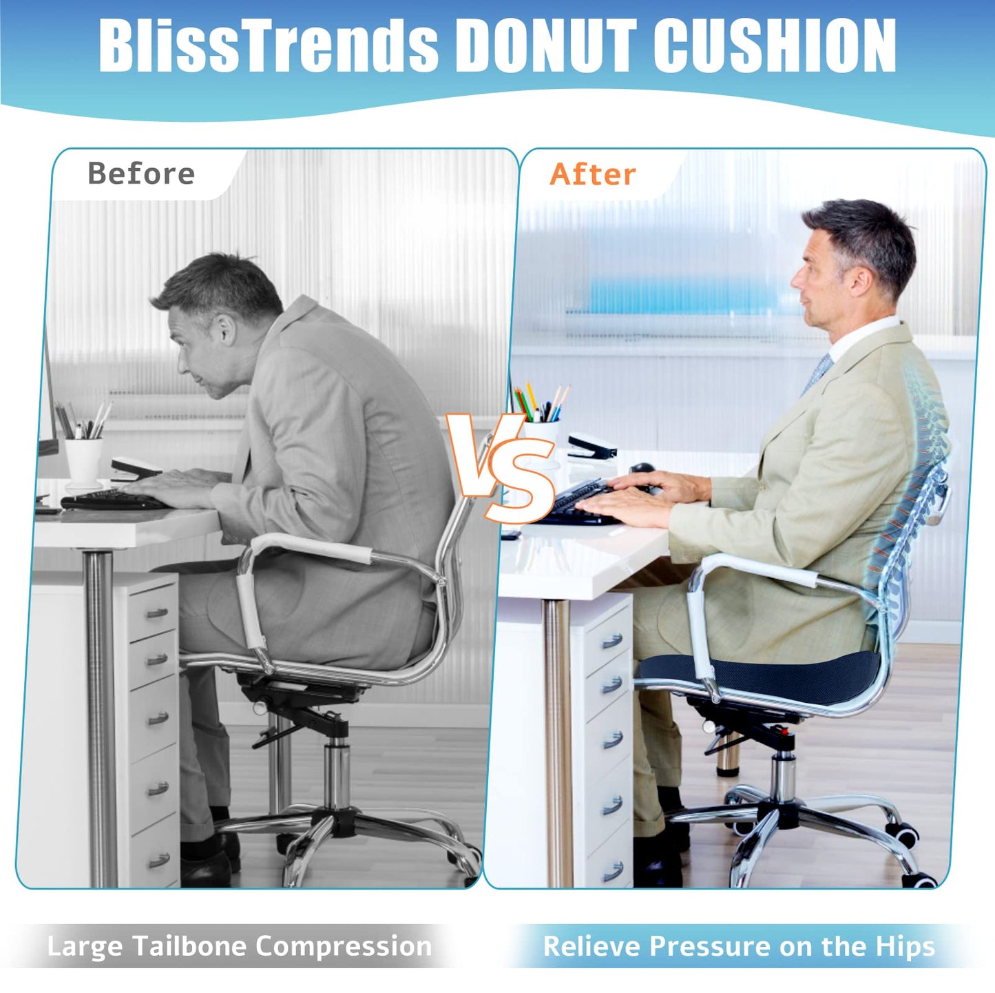 BlissTrends Donut Pillow Seat Cushion, Donut Chair Cushions for Postpartum Pregnancy & Hemorrhoids, Tailbone Pain Relief Cushion, Memory Foam Lifting Cushions for Office & Home Chairs (Blue, X-Large)