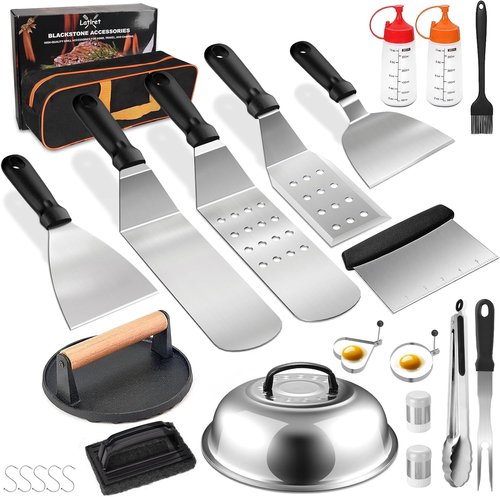 Blackstone Griddle Accessories Kit - 24-Piece Set with Scraper, Enlarged Spatulas & Basting Cover for BBQ