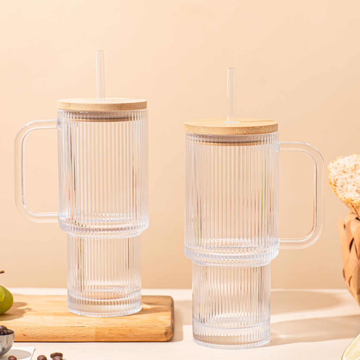 SoulTimes 24oz Ribbed Glass Tumbler with Handle and Bamboo Lid, Set of 2 Glass Cups with Lids and Straws for Coffee, Tea, Juice and Smoothies, Reusable Iced Coffee Cups Includes 2 Sealed Plastic Lids