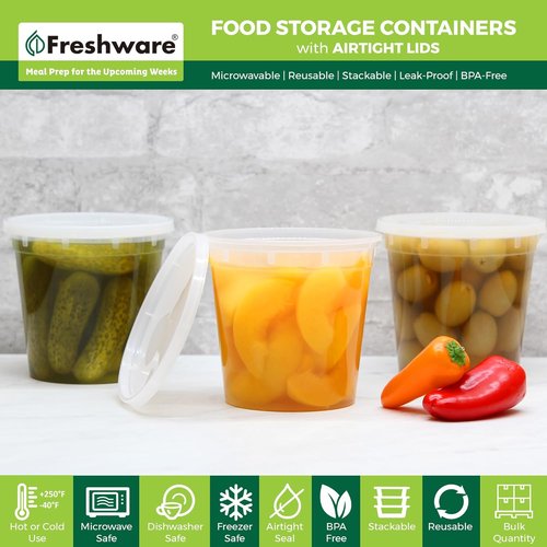 Freshware Food Storage Containers - 24 Oz BPA-Free Plastic Deli Containers | Leakproof & Stackable, 48 Count