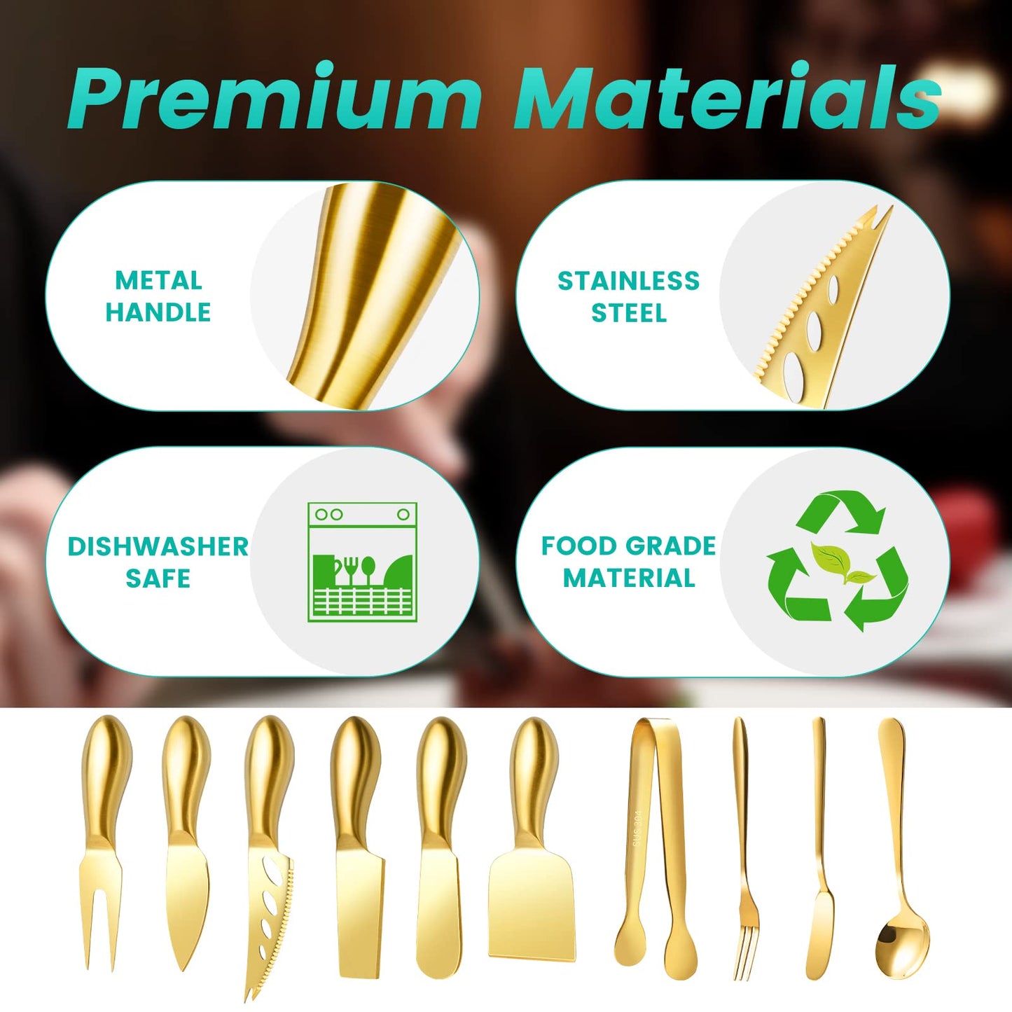 LifeMusican Gold Cheese Knife Set For Charcuterie Board Accessories, Stainless Steel Cheese Slicer And Butter Spreader knives Kit With Serving Tongs, Spoons, Forks, Flags Cheese Markers, Honey Dipper