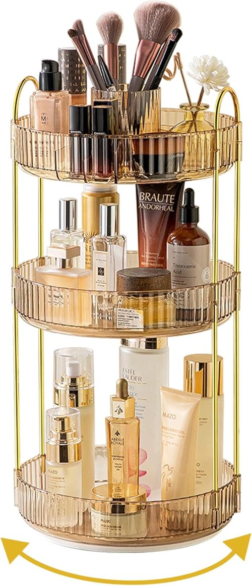 Asayuee 360 Rotating Makeup Organizer - Large 3-Tier Storage for Cosmetics & Skincare | Gold