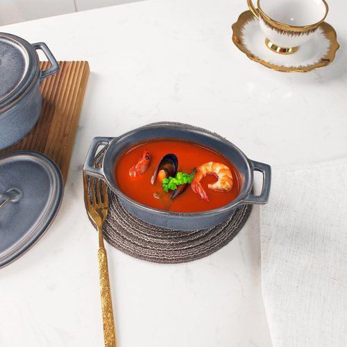 Ceramic Mini Oval Cocotte Set - 10 Oz Casserole Dishes with Lids & Handles | Set of 2, Blue 7.1 Inch