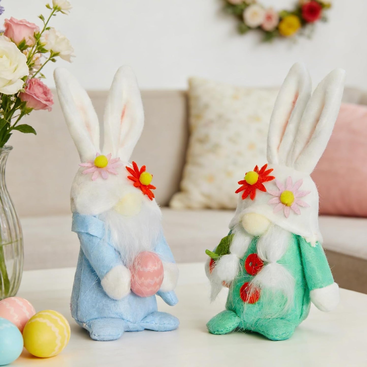 WDS Wondrous Easter Decorations - 2-Pc Bunny Gnome Stuffed Dolls with Carrot & Egg | Cute Spring Home Decor