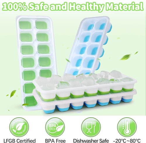 Furnsii Ice Cube Trays - 4 Pack Stackable Silicone Trays with Lid | Easy-Release 56-Cube Design (Green & Blue)
