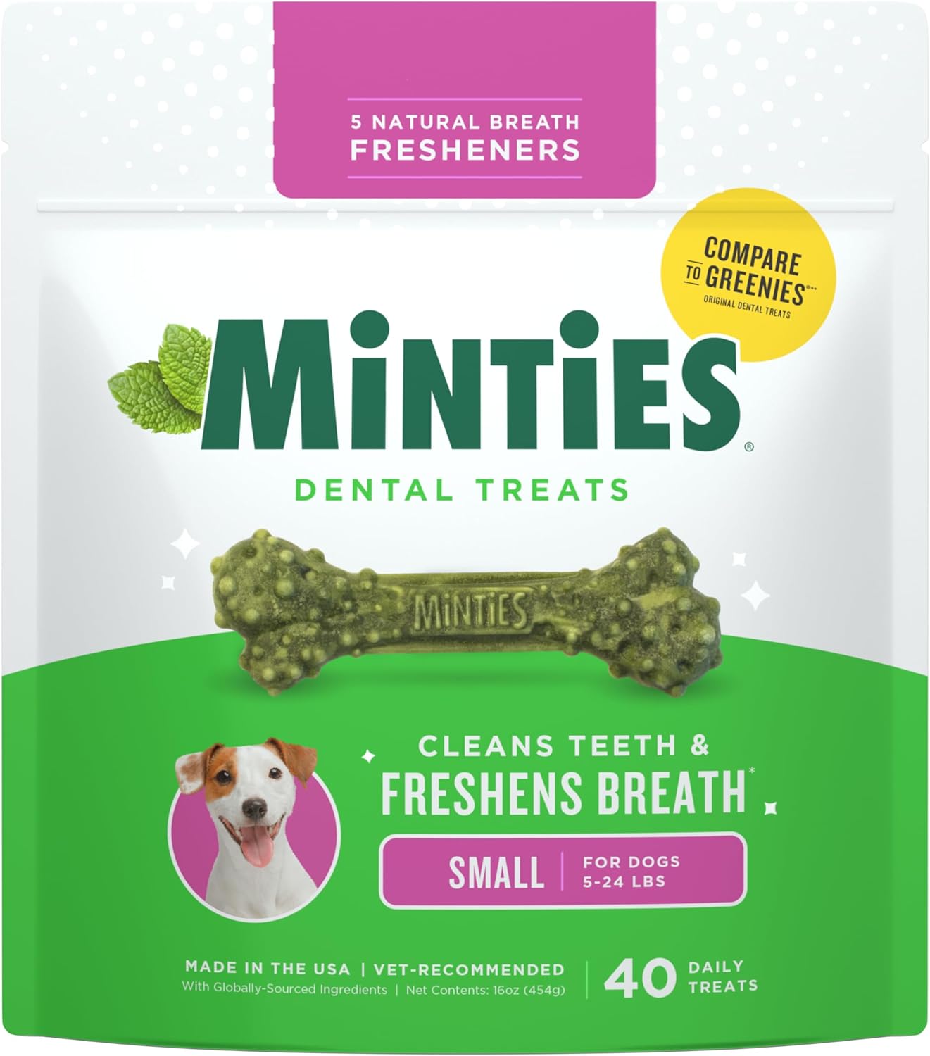Minties Dog Dental Bone Treats - Tiny/Small Size, 16 Ounces | Cleans Teeth & Freshens Breath, 40 Count