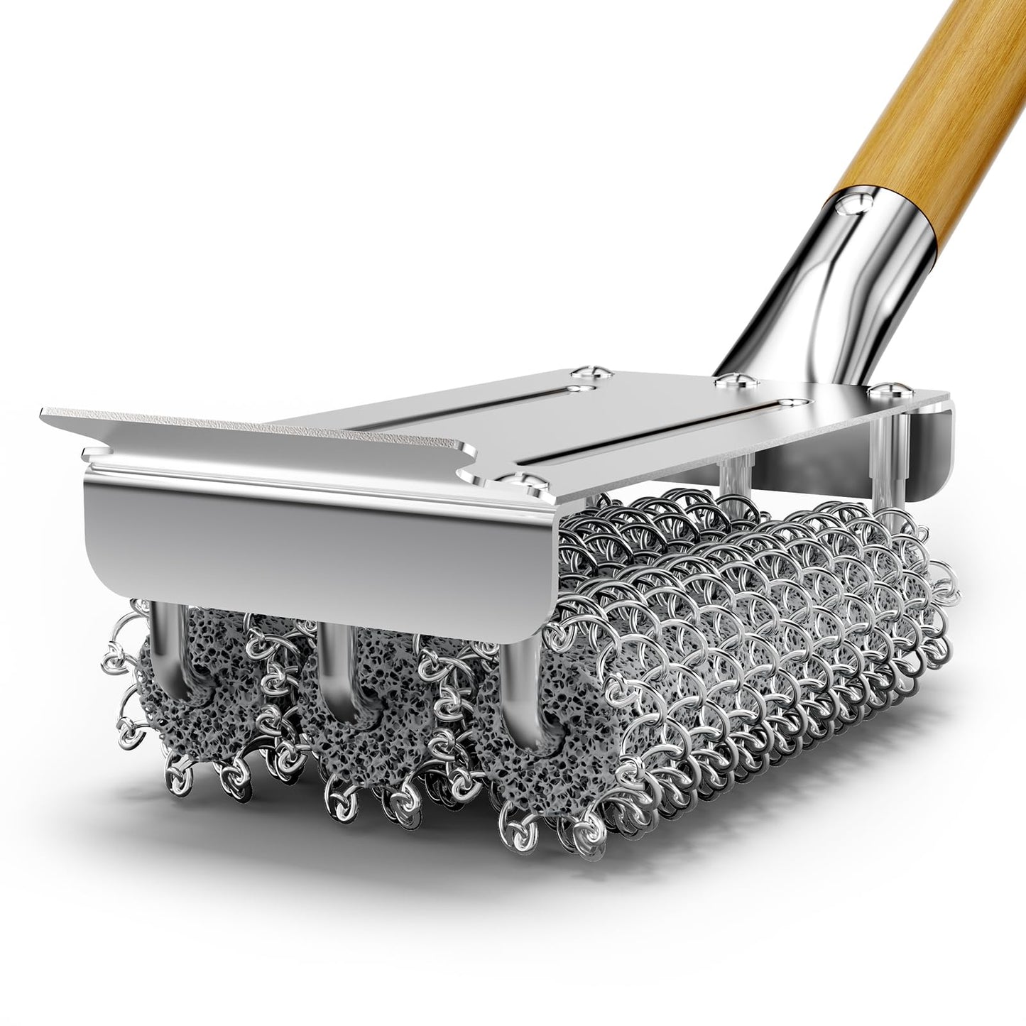 HOUSE AGAIN Grill Brush Bristle Free, Stainless Steel Food-Grade Brush Head with Scraper, Safe Steam BBQ Outdoor Grill Cleaning Brush Barbecue Grill Cleaner Non Wire for Grill Grate/Long Wood Handle