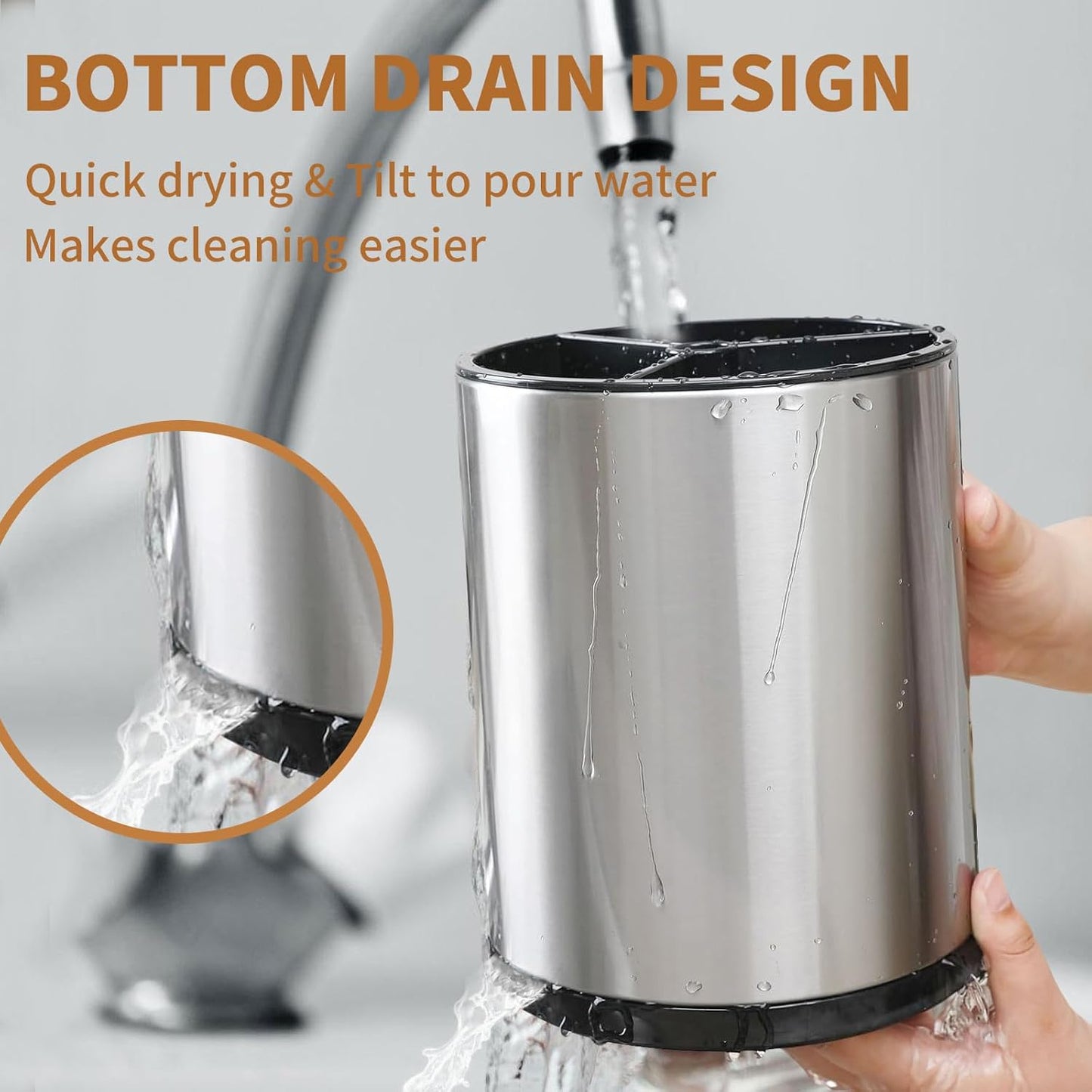 Nigelia Extra Large Kitchen Utensil Holder - 360° Rotating Stainless Steel Caddy | 3 Compartment Organizer (Silvery)