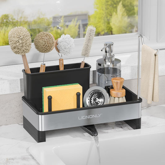 LIONONLY Sponge Holder for Kitchen Sink, 304 Stainless Steel Sink Caddy with Auto Drain Tray, Kitchen Sink Organizer with Towel Brush Holder for Countertop, Soap Dispenser Storage Accessories