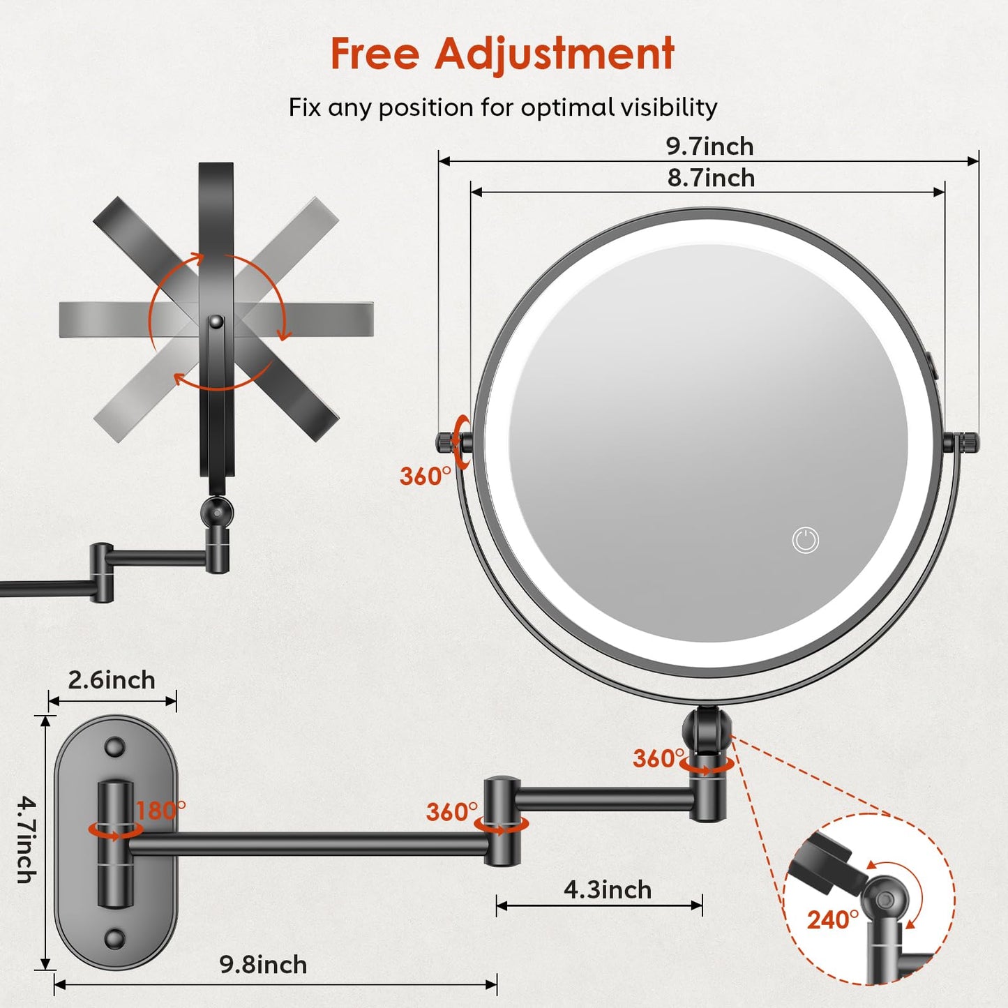 ZLOKLA 9" Wall Mounted Lighted Makeup Mirror,4000mAh Rechargeable Double Sided 1X/20X Magnifying Mirror with Light,Touch Dimmable,Extended Arm 360 Rotation Wall Mounted Makeup Mirror 3 Color Lights-B