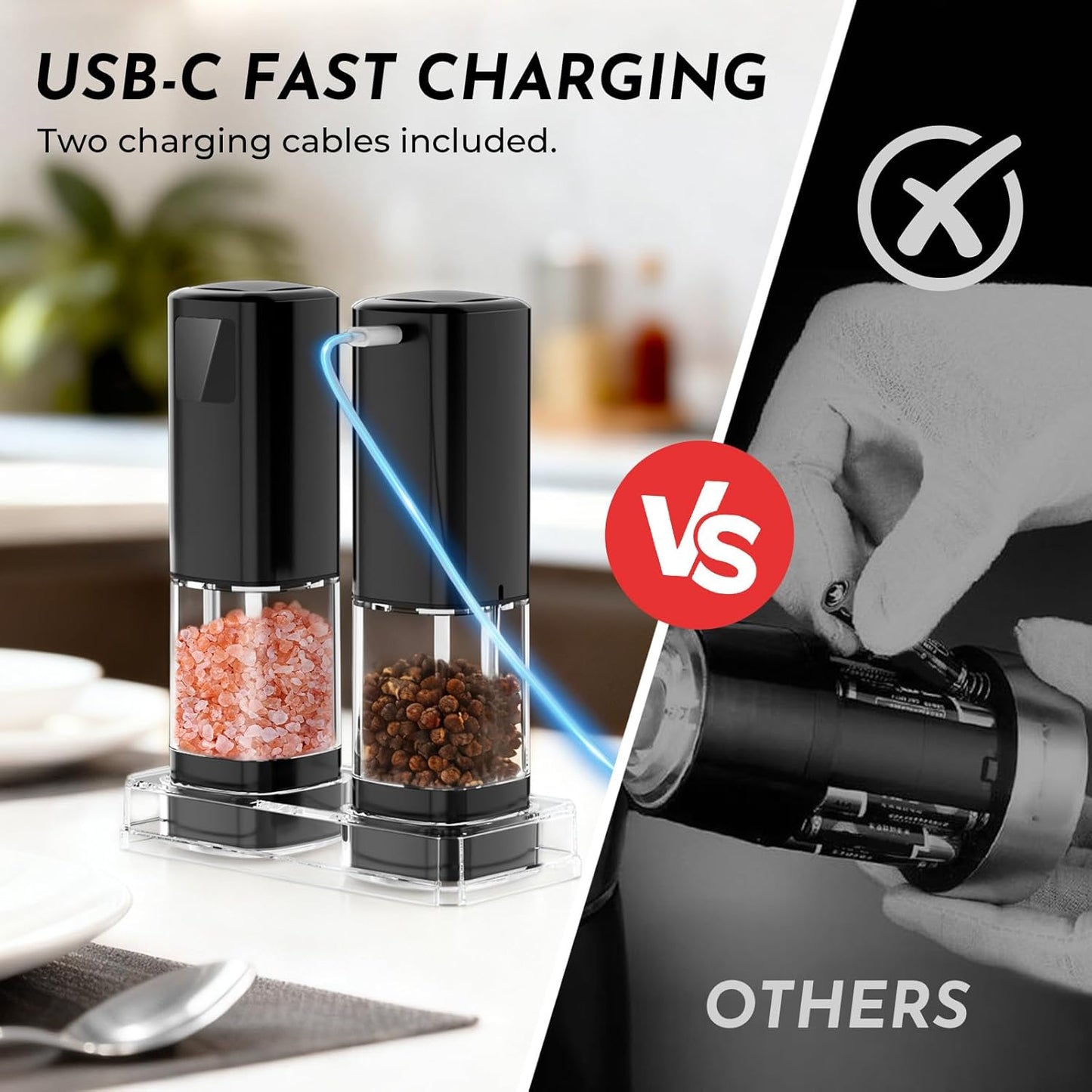 Skiennix Electric Salt and Pepper Grinder Set - Rechargeable with Digital Display & Adjustable Coarseness