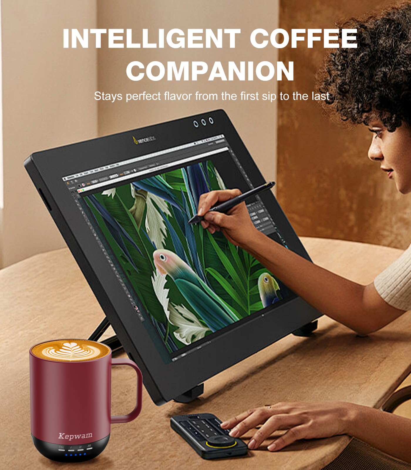 Kepwam Self Heating Coffee Mug T1-16oz(14 oz with lid) Fast Heating & Ultra Long-Lasting Battery Life, Heated Coffee Mug Up to 149℉ - Touch & App Controlled Coffee Mug, Birthday Gifts for Women and Men