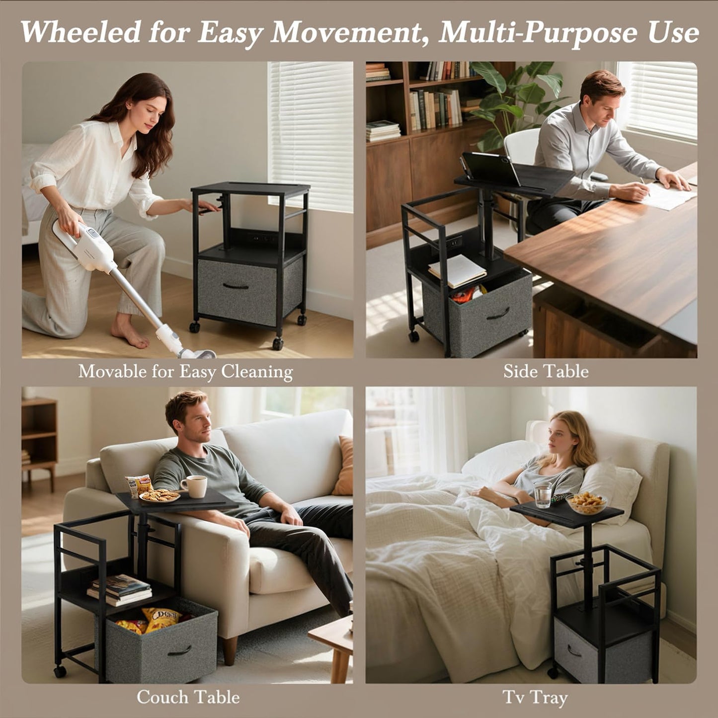 Faesun Swivel Lift Top Nightstand with Charging Station, Rolling Side Table for Recliner, Bedside Table with Wheels & a Fabric Drawer, for Small Spaces, for Bedroom, Living Room, Black Gray
