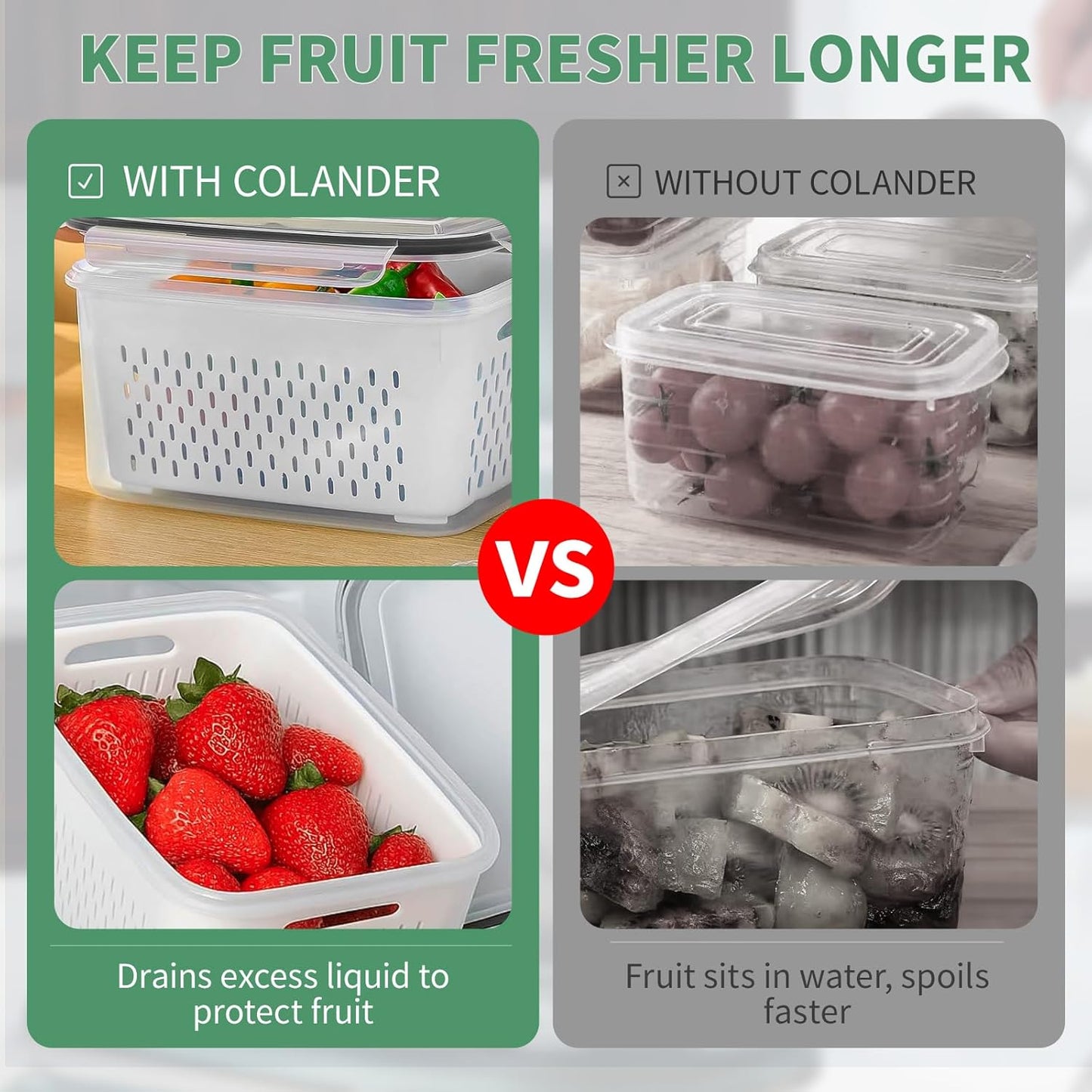 Skiennix Fruit Storage Containers - 3 Pcs Airtight Fridge Containers with Removable Colander Basket