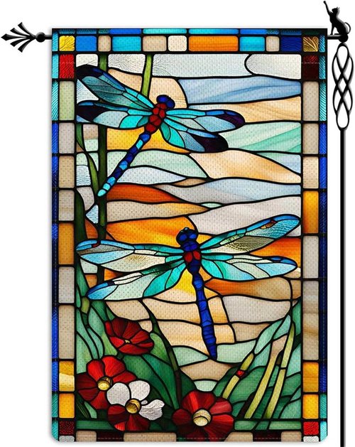 Garden Flag - Summer Dragonfly & Butterfly Design | Double-Sided Glass Style - 12x18 Inch