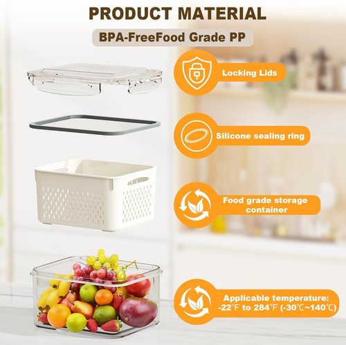 4 Pcs BPA-Free Fruit Storage Containers by [Brand Name] - Leak-Proof Design with Drain Basket | Keep Fruits & Vegetables Fresh