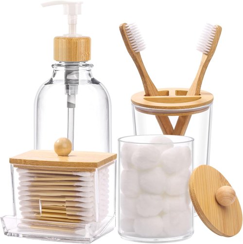 Bamboo Bathroom Accessories Set - 4-Piece Collection with Clear Toothbrush Holder & Soap Dispenser