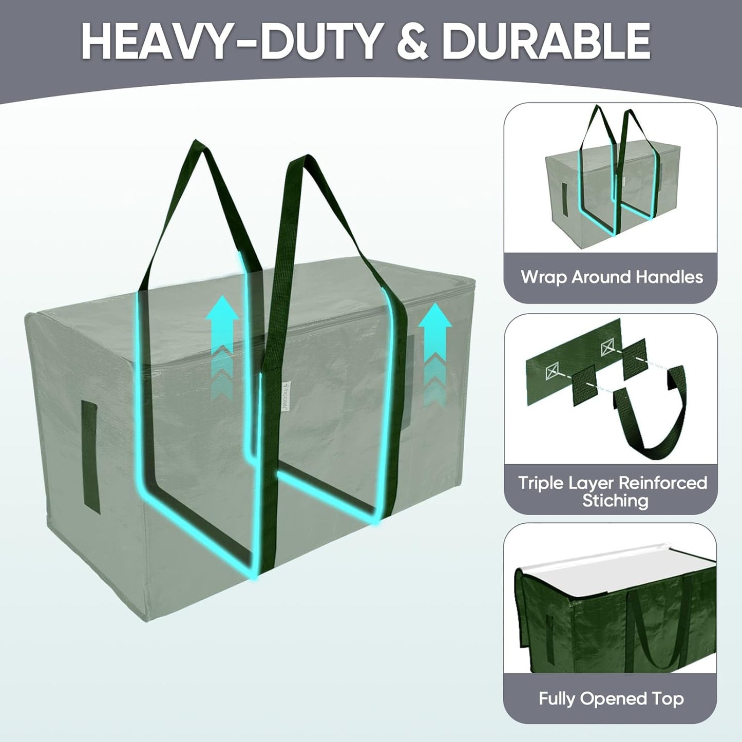 TICONN Extra Large Heavy Duty Moving Bags - Durable Storage with Zippers & Handles | 8 Pack, Olive