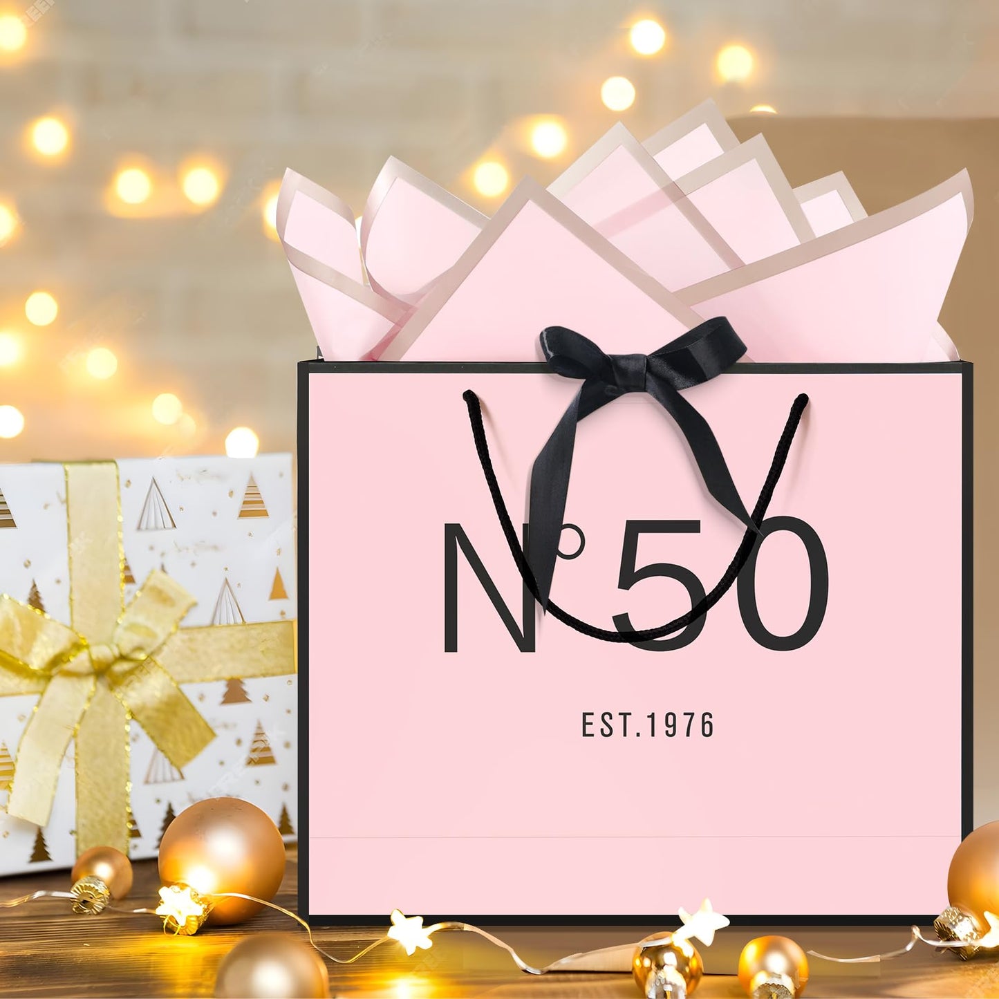 QLSKO 13" Birthday Gift Bag with Card Envelope Sticker Bow Ribbon and Tissue papers for Women Girls Design with Handles,13th-100th (EST.1976 50th, 13" W x 10.5" H x 4.3" D)
