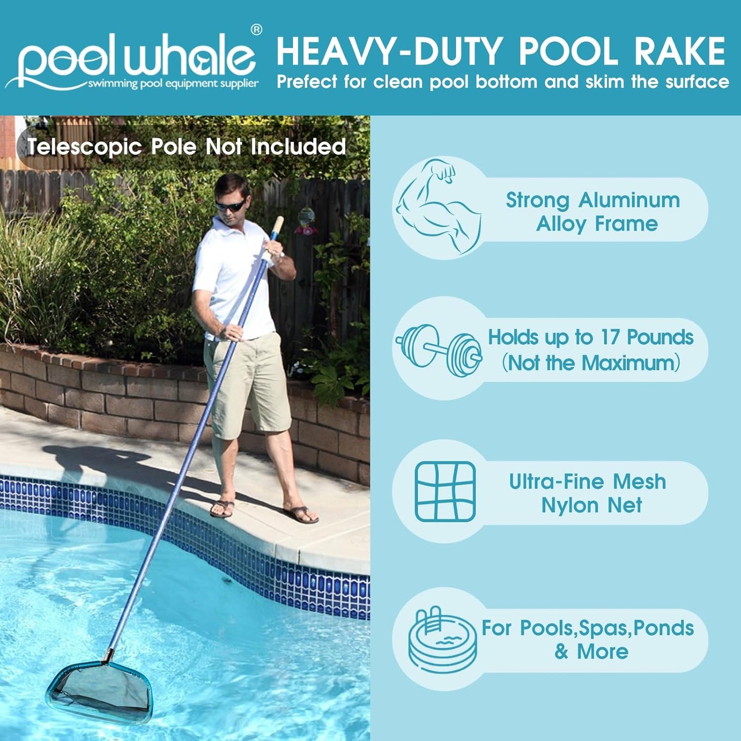 POOLWHALE Pool Skimmer Net - Durable Design with 10ft Adjustable Pole for Easy Cleaning