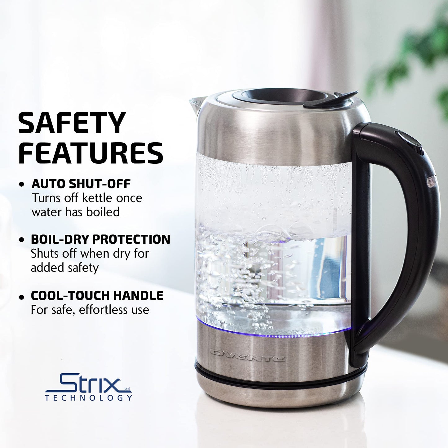 OVENTE Electric Kettle with 1.7L Borosilicate Glass, 1500W Instant Water Boiler and Heater for Coffee or Tea, BPA Free, Easy to Fill Lid, Auto Shut-Off and Boil Dry Protection, Silver KG612S