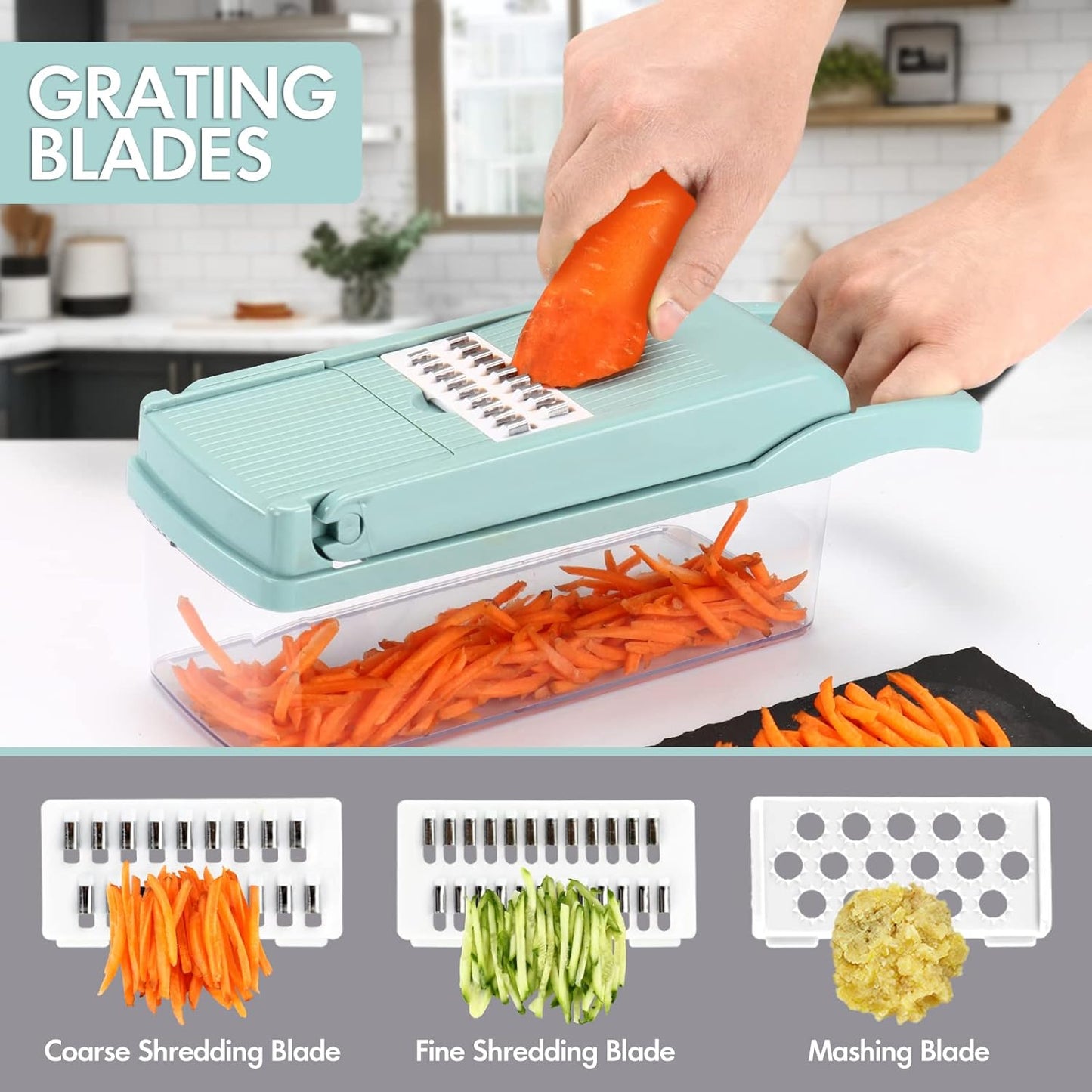 Ourokhome Vegetable Chopper - 12-in-1 Professional Mandoline Slicer with 8 Blades & Strainer Basket - Blue