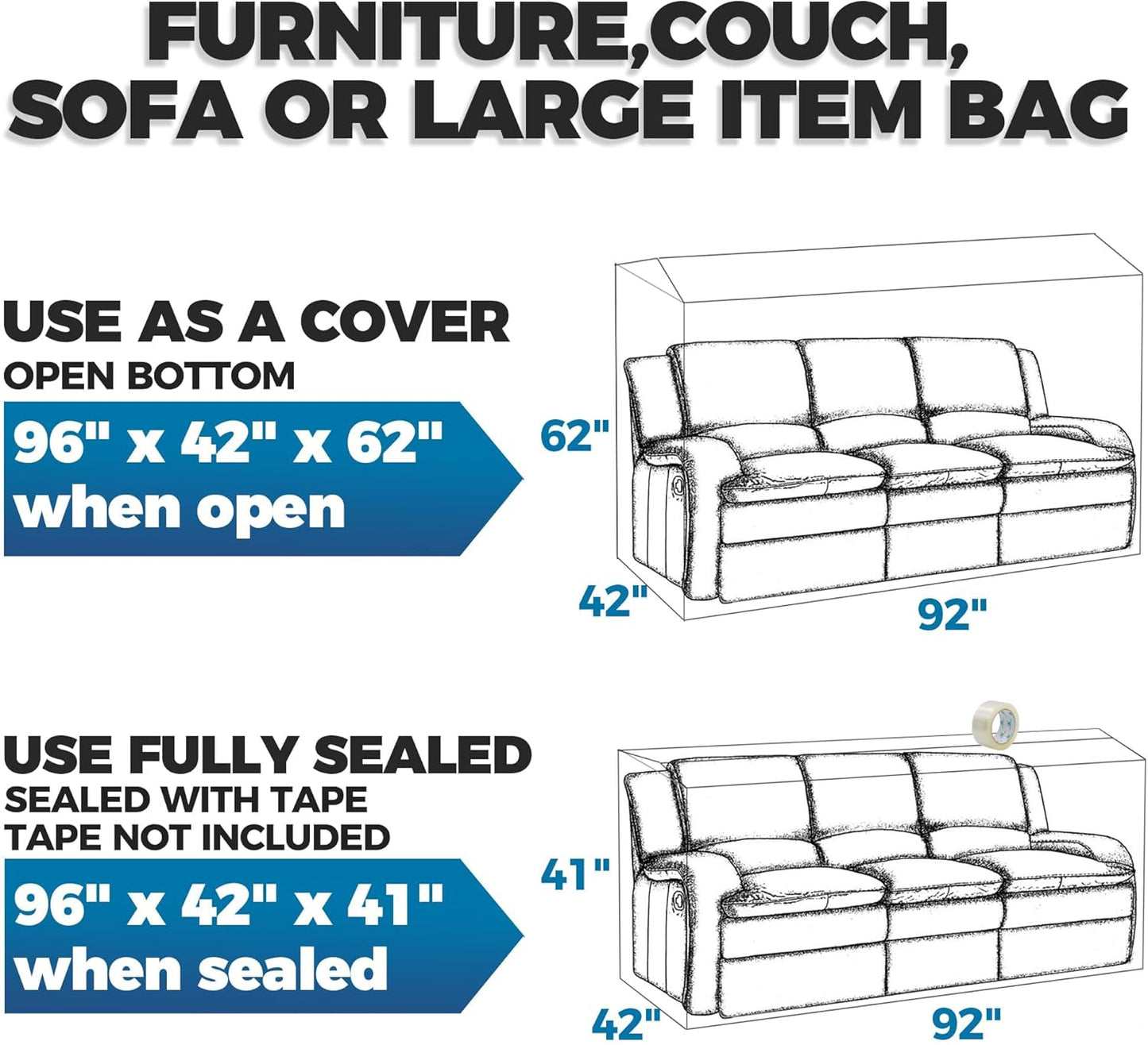 Plastic Furniture Covers - Heavy-Duty Waterproof Couch Cover for Moving | Extra Large 96 x 42 x 62 Inch