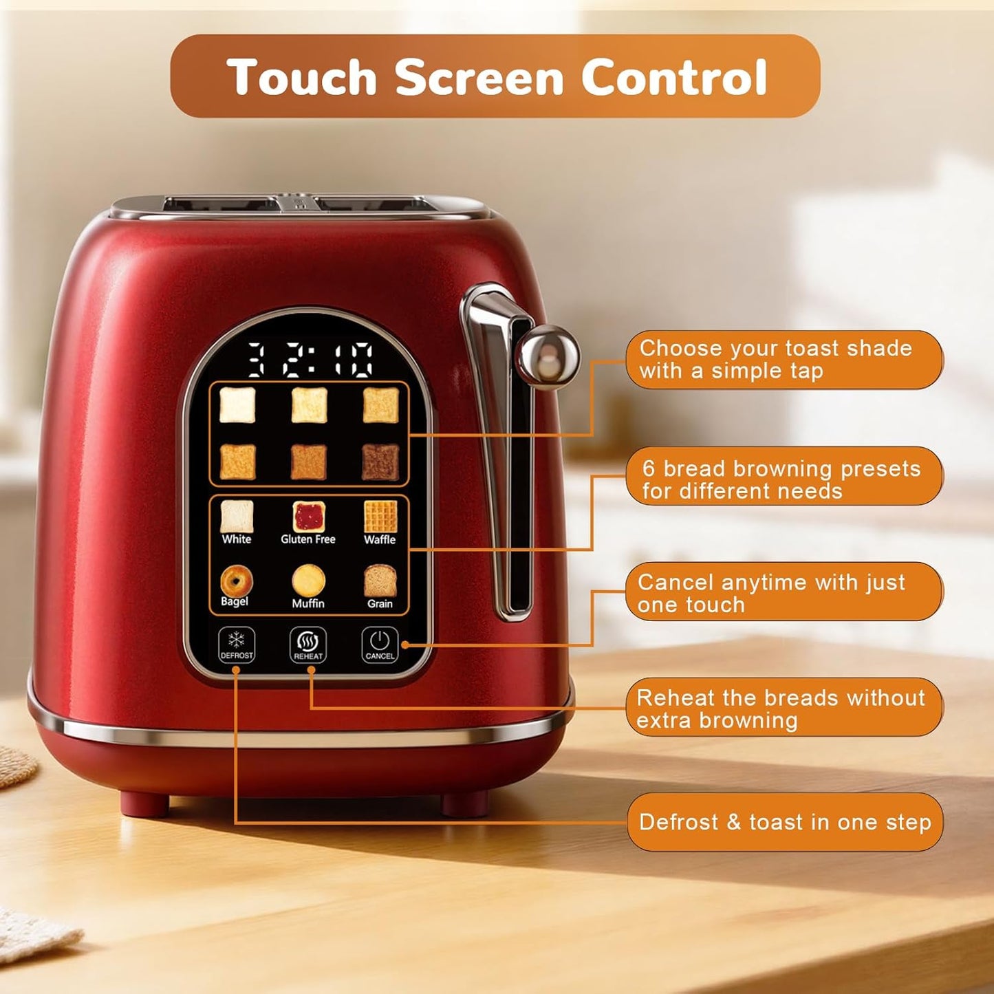 Mecity Toaster - 2 Slice Retro Touch Screen Toaster for Bread, Bagels & Muffins | Red Pearl, 120V 825W