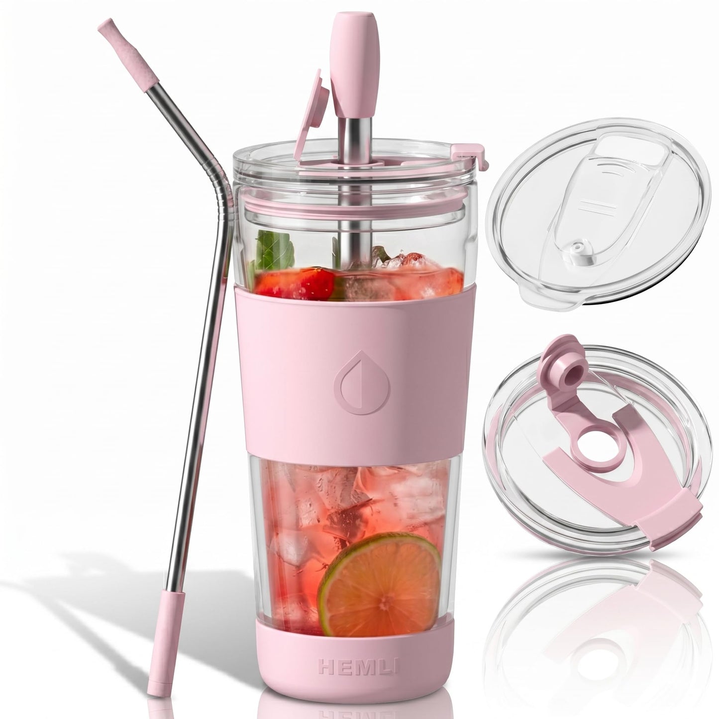 Hemli 19 oz. Double Wall Glass Coffee Tumbler, To Go Travel Mug with Lid, Portable Glass Thermos with Straw, Reusable Cup, Tea, Smoothies, Ice Coffee, and Boba
