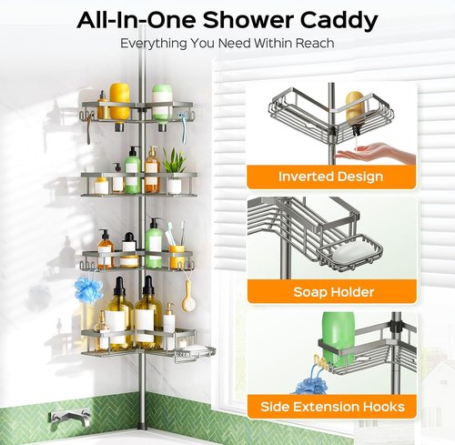 HAMITOR Shower Caddy - 4-Tier Rustproof Bathroom Organizer with Soap Holder & Hooks | Adjustable No-Drill Design - 47-123 Inch