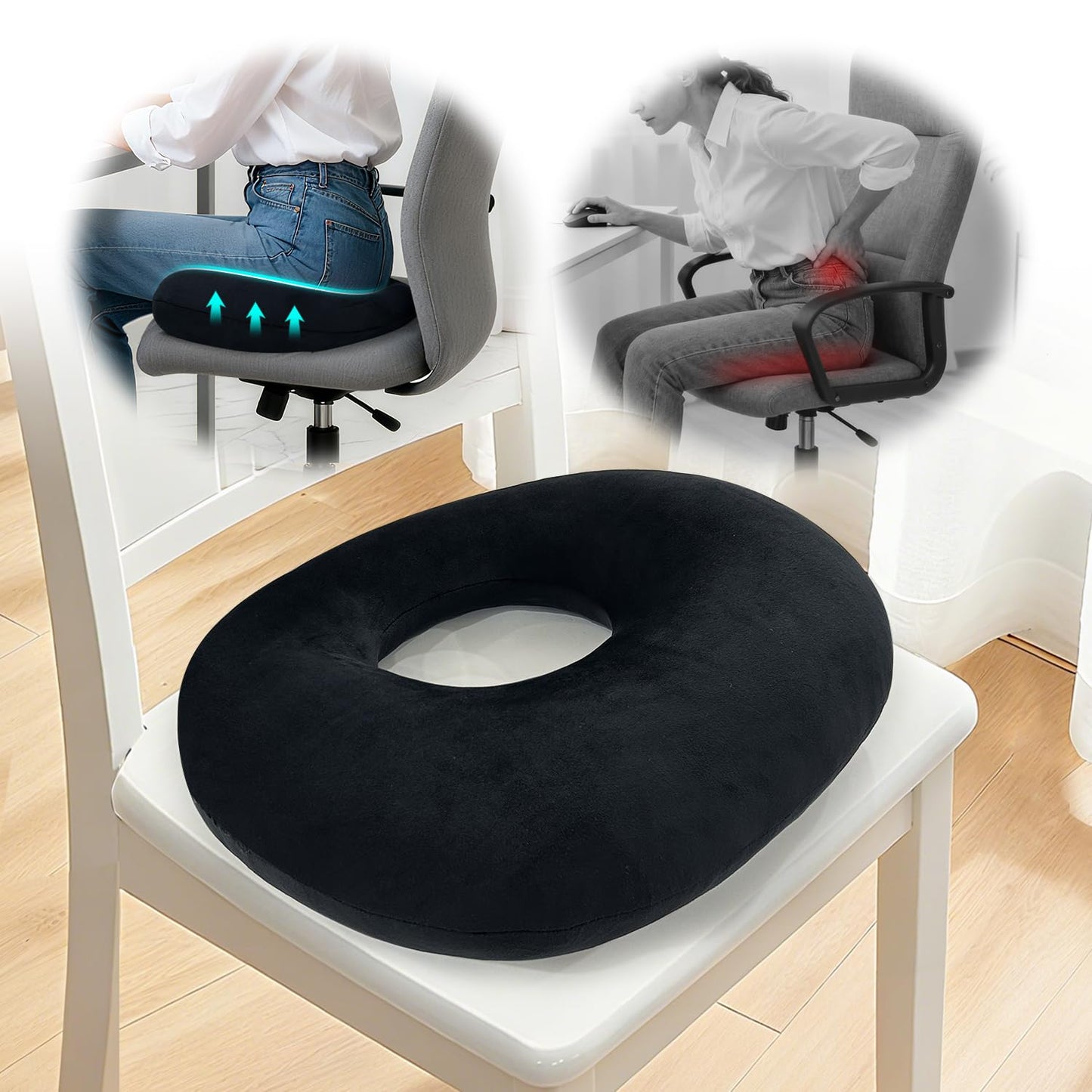 AOSSA Donut Pillow for Hemorrhoids & Tailbone Pain, Bed Sore Cushions for Butt, BBL Pillow After Surgery for Sleeping, Ergonomic Pressure Relief Seat Cushion for Sciatica, Postpartum (Black)