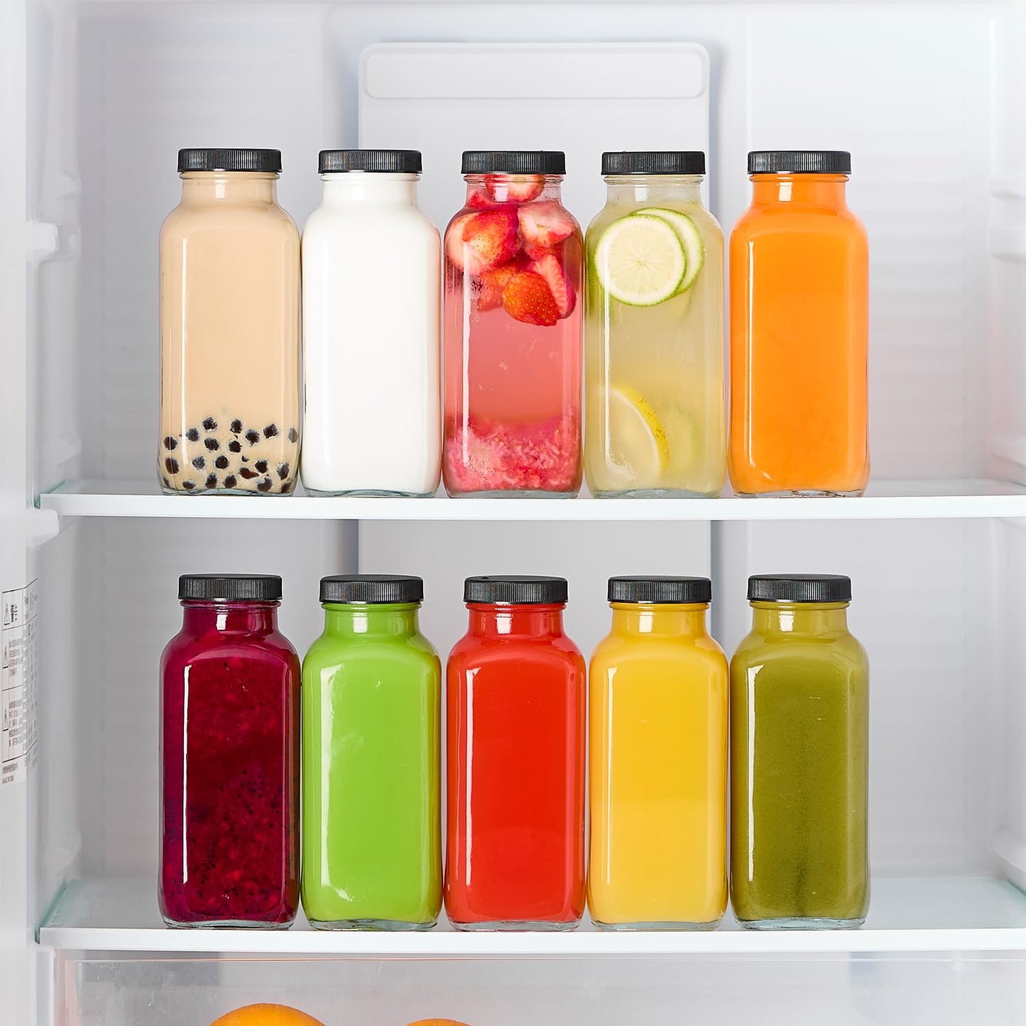 Kucoele 16oz Glass Juice Bottles with Lids, 10 Pack Reusable Smoothie Cups Water Bottles Drinking Jars with Glass Straws, Brush, Lids with Hole