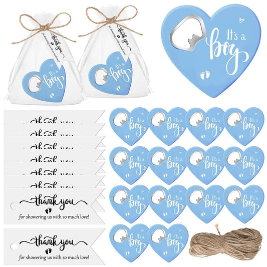 Funnymoom 25 Sets Baby Shower Favors for Guests Include 25 Heart Shaped Bottle Opener Fridge Magnet 25 Thank You Tags with Organza Bag and Twine Gender Reveal Gift Return Gift Baby Shower (Blue)