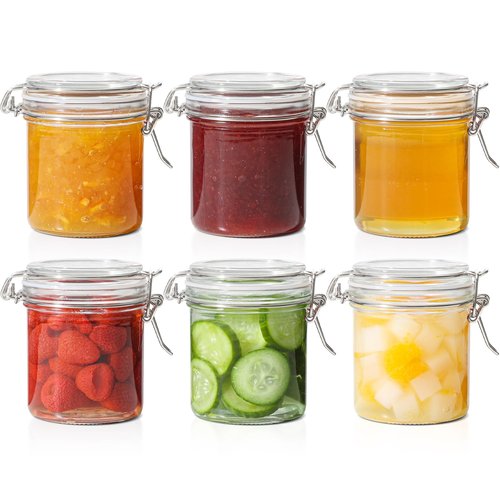 ComSaf 8oz Glass Jars with Airtight Lids (Set of 6), Cylindrical Jelly & Spice Jars for Pantry Organization, 240ml Small Canisters with Wire Clamp for Sourdough Discard, Jam, Honey & More